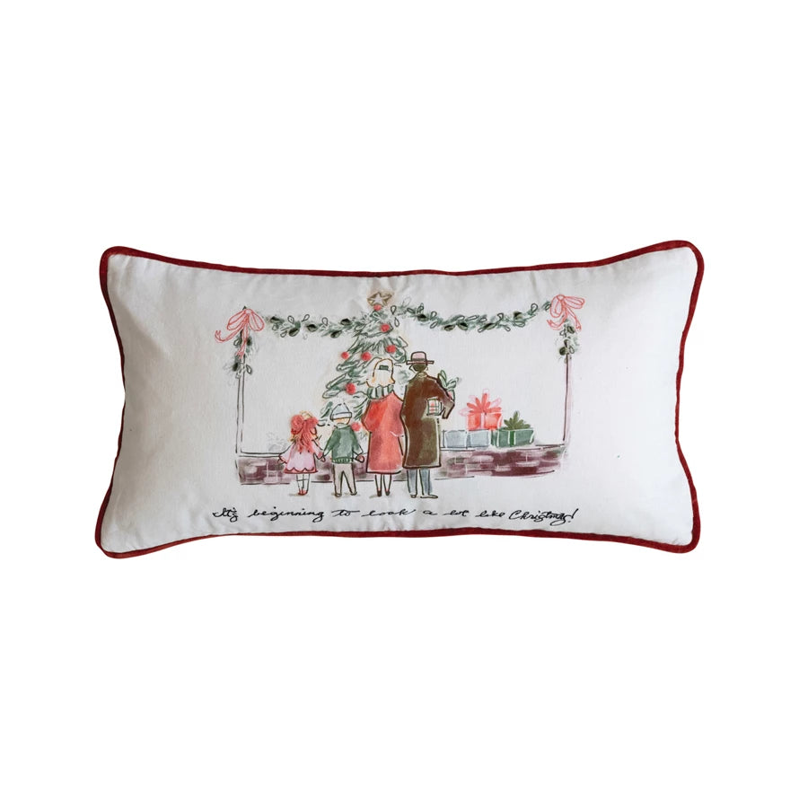 Cotton Printed Lumbar Velvet Pillow w/ Family