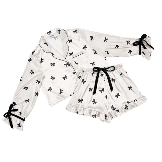 Cropped PJ Set + Velvet Ties - Ivory/Black Bows