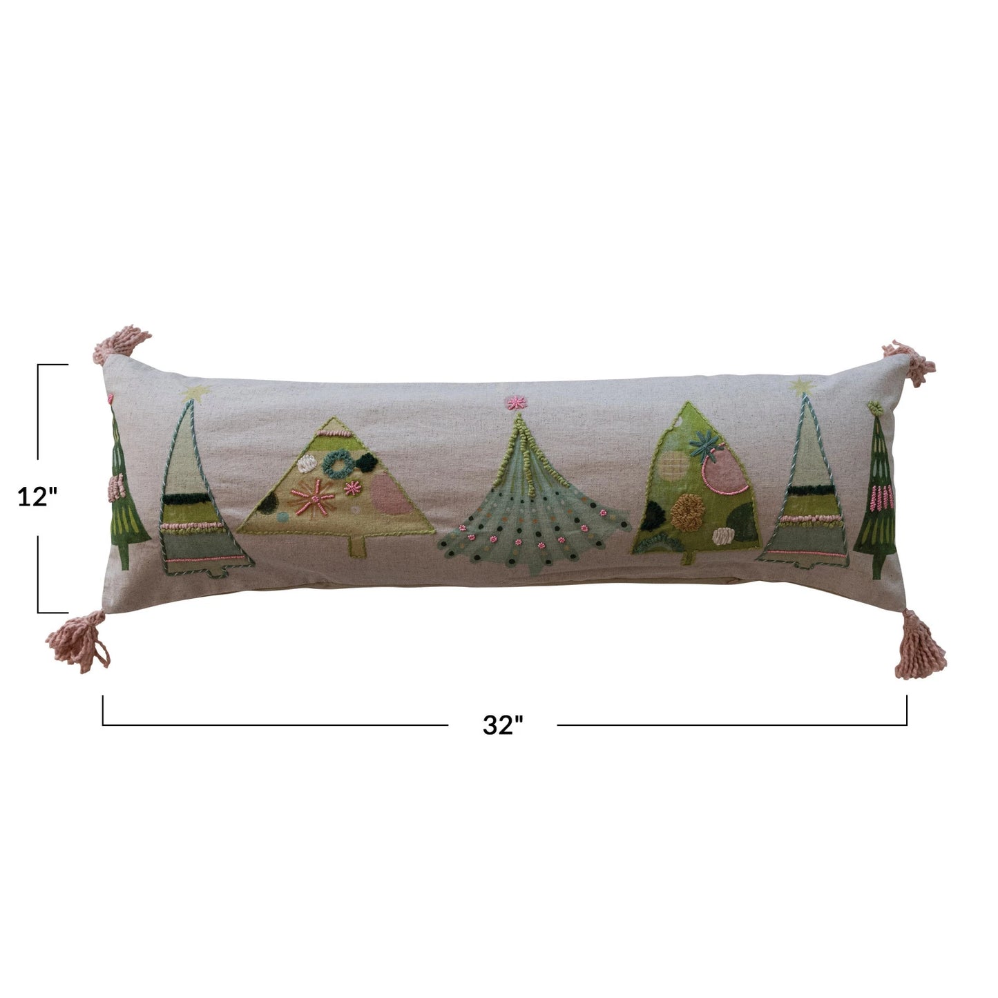 Cotton Printed Lumbar Pillow w/ Embroidered Trees & Tassels