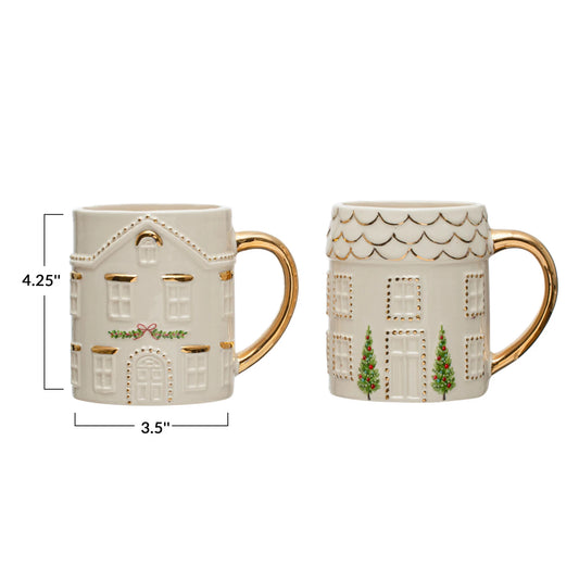 Hand Painted Stoneware House 16oz Mug w/ Gold