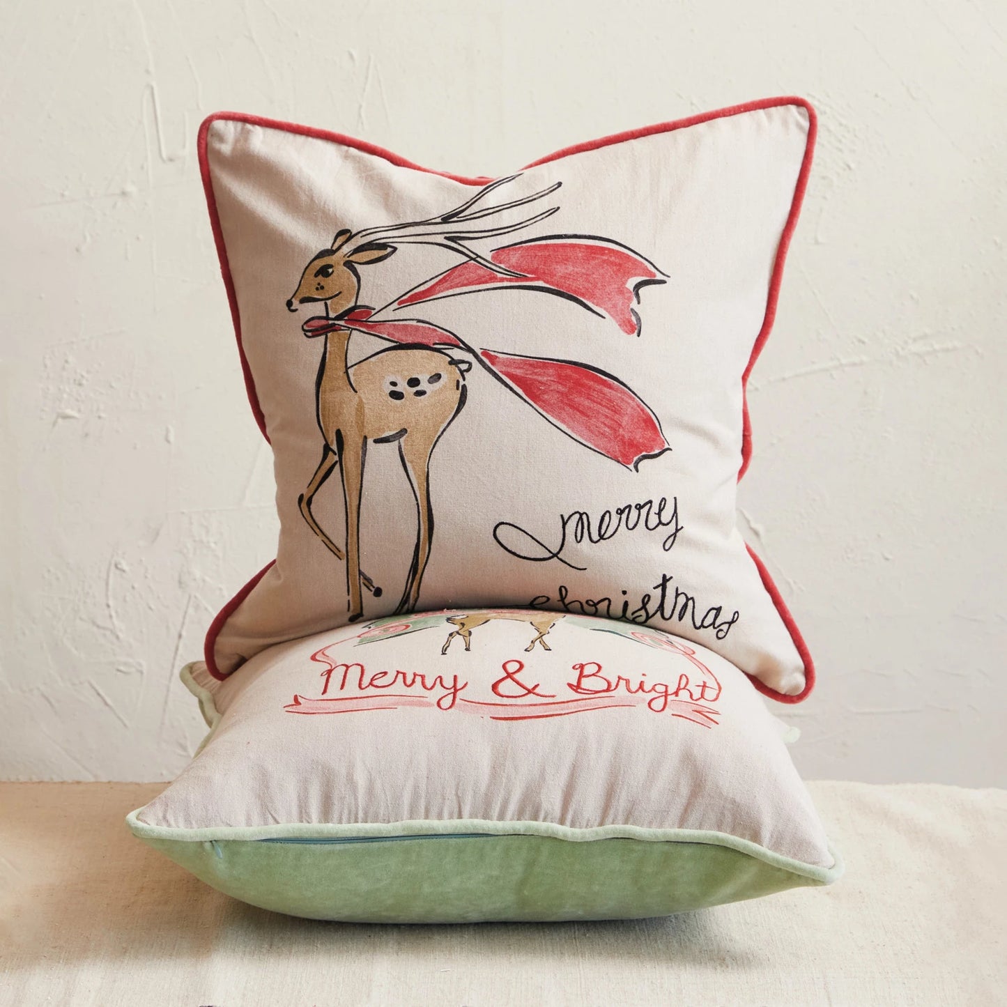 20" Square Velvet Christmas Pillow w/ Reindeer, 2 Styles