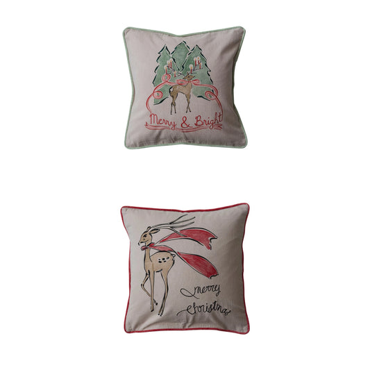 20" Square Velvet Christmas Pillow w/ Reindeer, 2 Styles