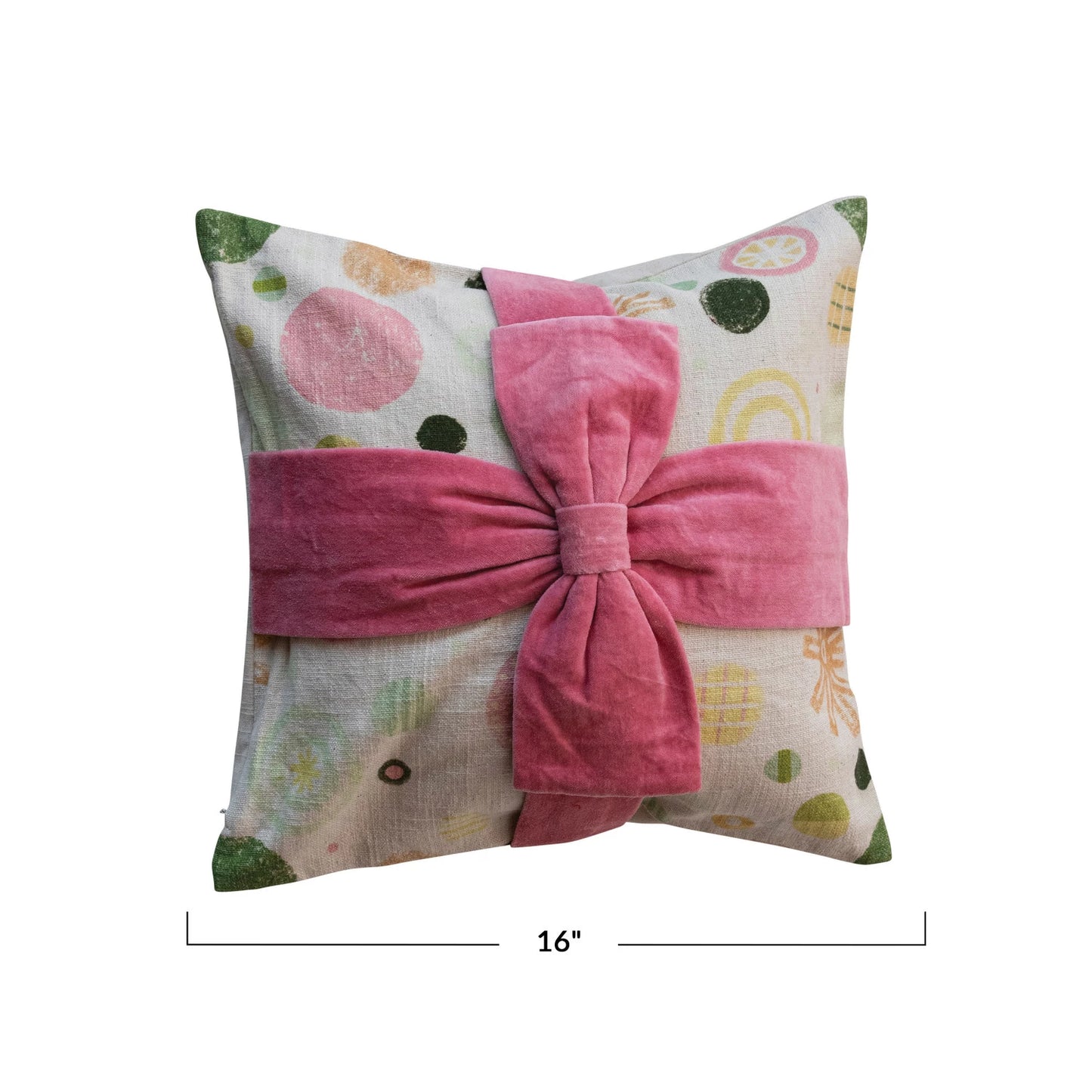 16" Square Cotton Printed Pillow w/ Pink Velvet Bow