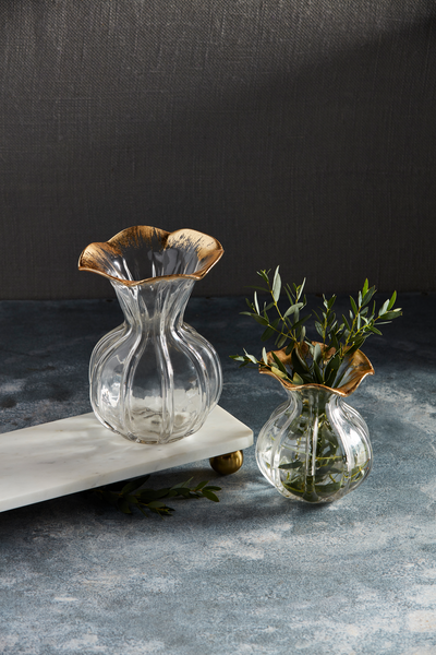 Large Ruffled Gold Glass Vase