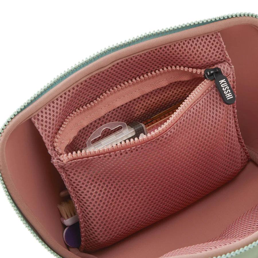 Neoprene Makeup Bag Sage w/ Coral Rose Interior