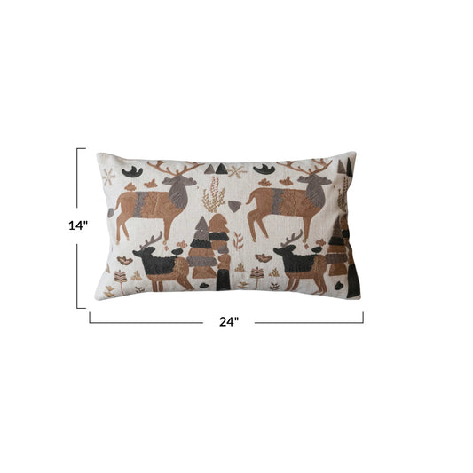 Linen Lumbar Pillow w/ Embroidered Reindeer