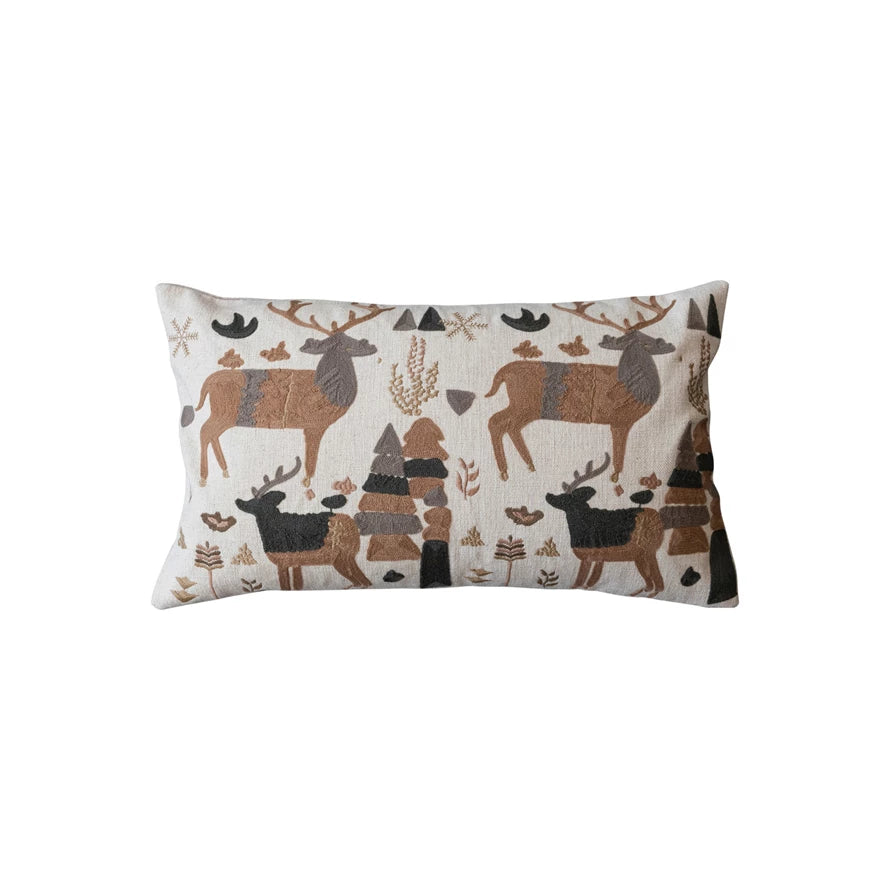 Linen Lumbar Pillow w/ Embroidered Reindeer